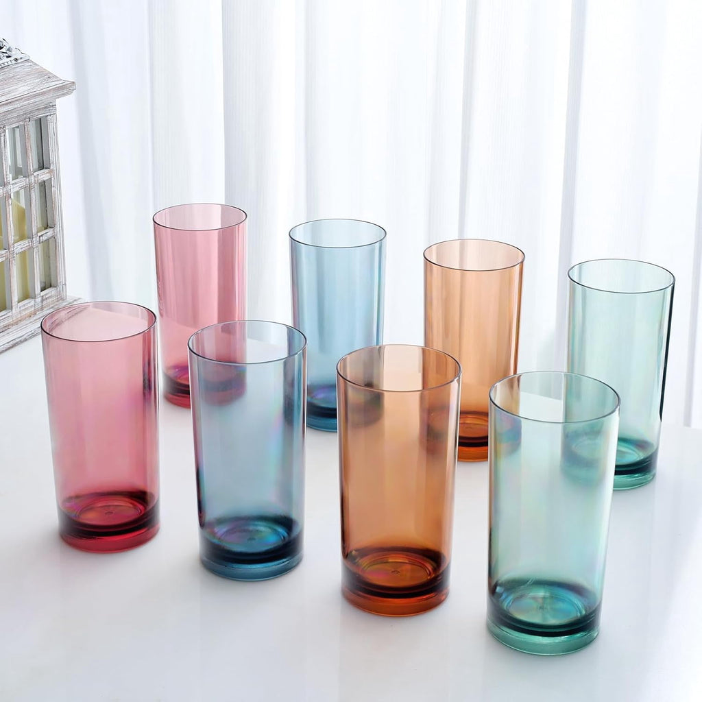 Colored Plastic Reusable Drinking Glasses | Set of 8 | Restaurant Style 16 oz Muted Acrylic Unbreakable Tall Tumbler, Juice, 