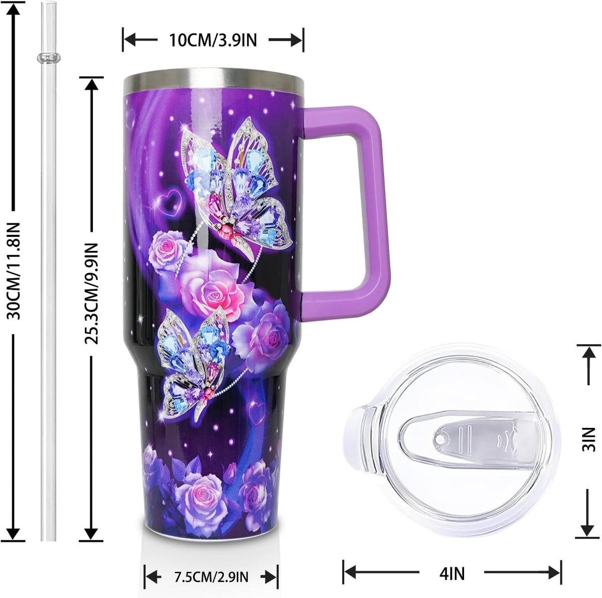 40 oz Tumbler with Handle and Straw Lid, Purple Butterfly Insulated Cup, Double Vacuum Leak Proof Coffee Travel Mug, Flower S