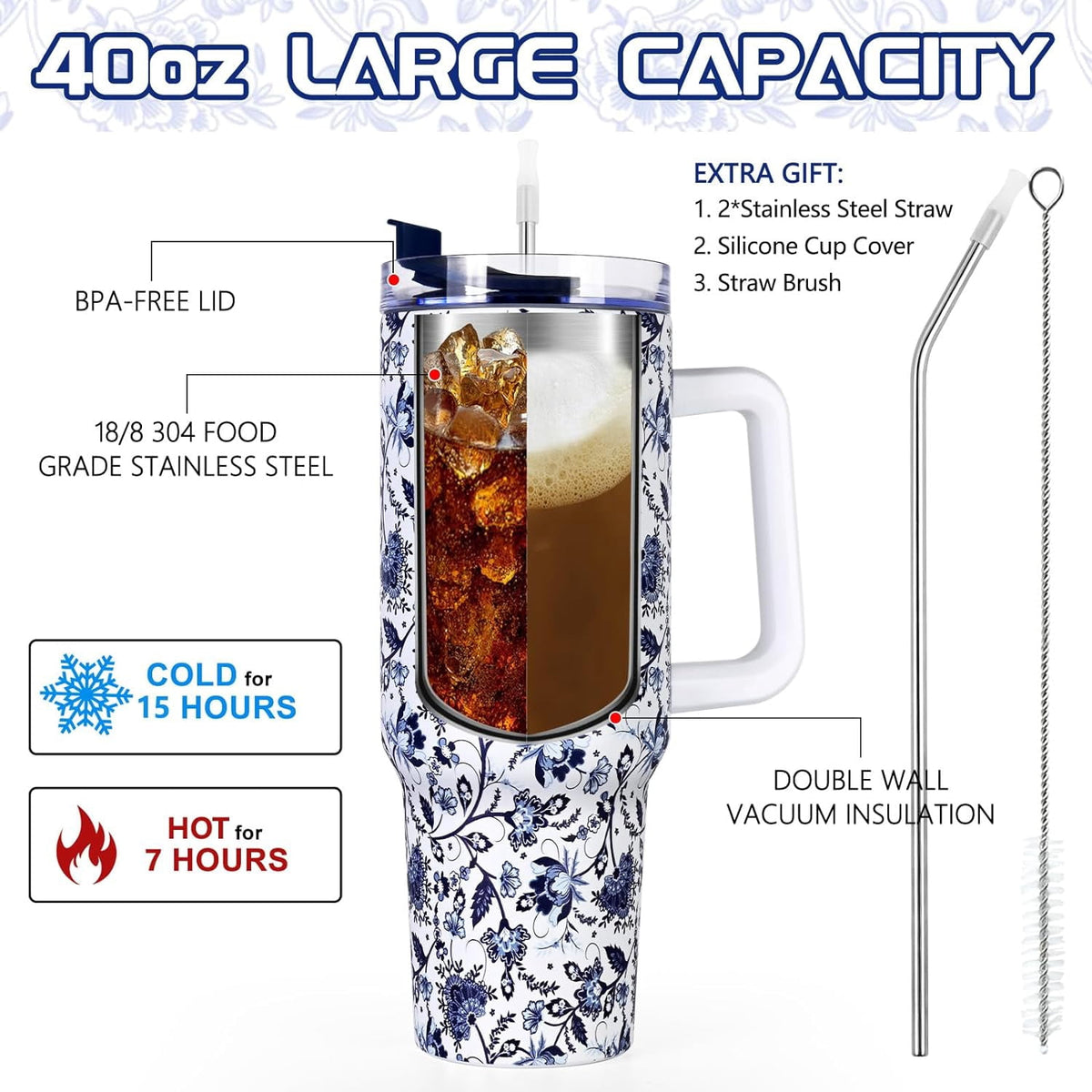 40oz Tumbler with Handle, Stainless Steel Insulated Travel Tumbler with Lid and Straw, Double Wall Vacuum Insulated Tumbler M