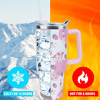 40 oz Cute Strawberry Cow Tumbler with Handle and Straw, Stainless Steel Insulated Cup with Lid and Straw, Travel Mug Water B