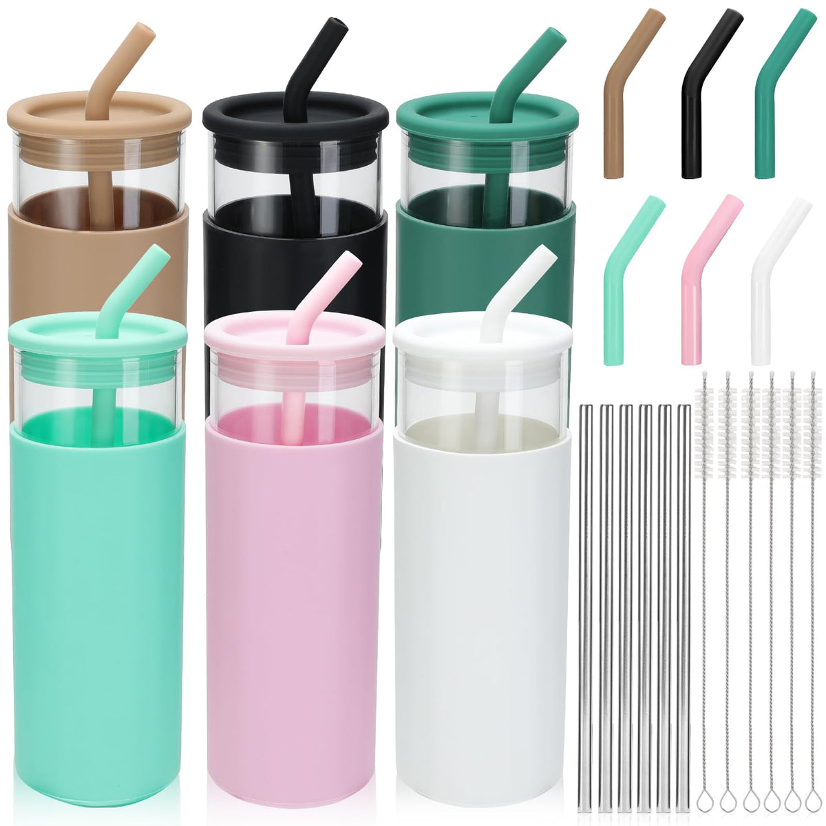 6 Pack Drinking Glasses with Silicone Lids and Glass Straw, 16 Oz  Ice Coffee Glass Cups, Smoothie Cups, Cute Tumbler Cup Gre