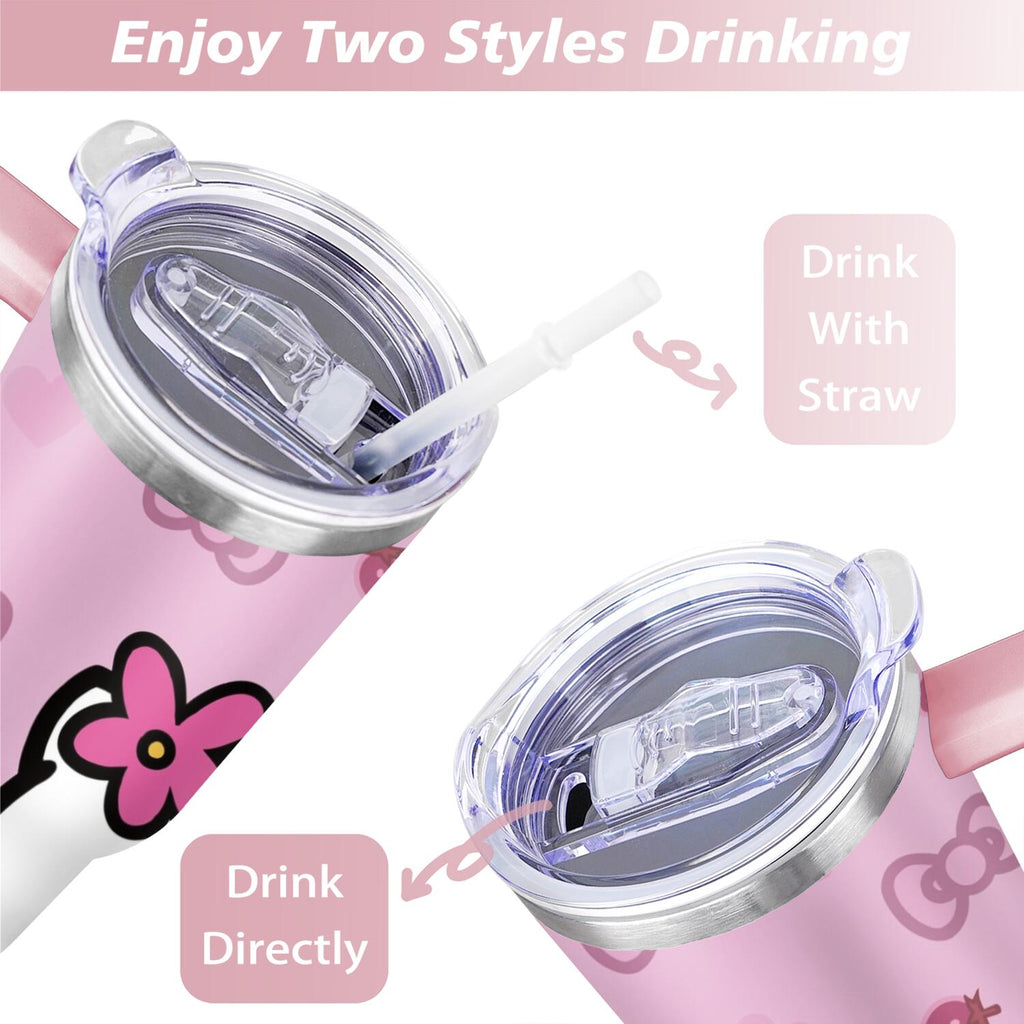 40oz Hello Kawaii Cat Cute Stainless Steel Tumbler with Lid and Straw,Spill Proof Travel Cup Double Wall Vacuum Insulated Cof