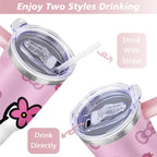 40oz Hello Kawaii Cat Cute Stainless Steel Tumbler with Lid and Straw,Spill Proof Travel Cup Double Wall Vacuum Insulated Cof