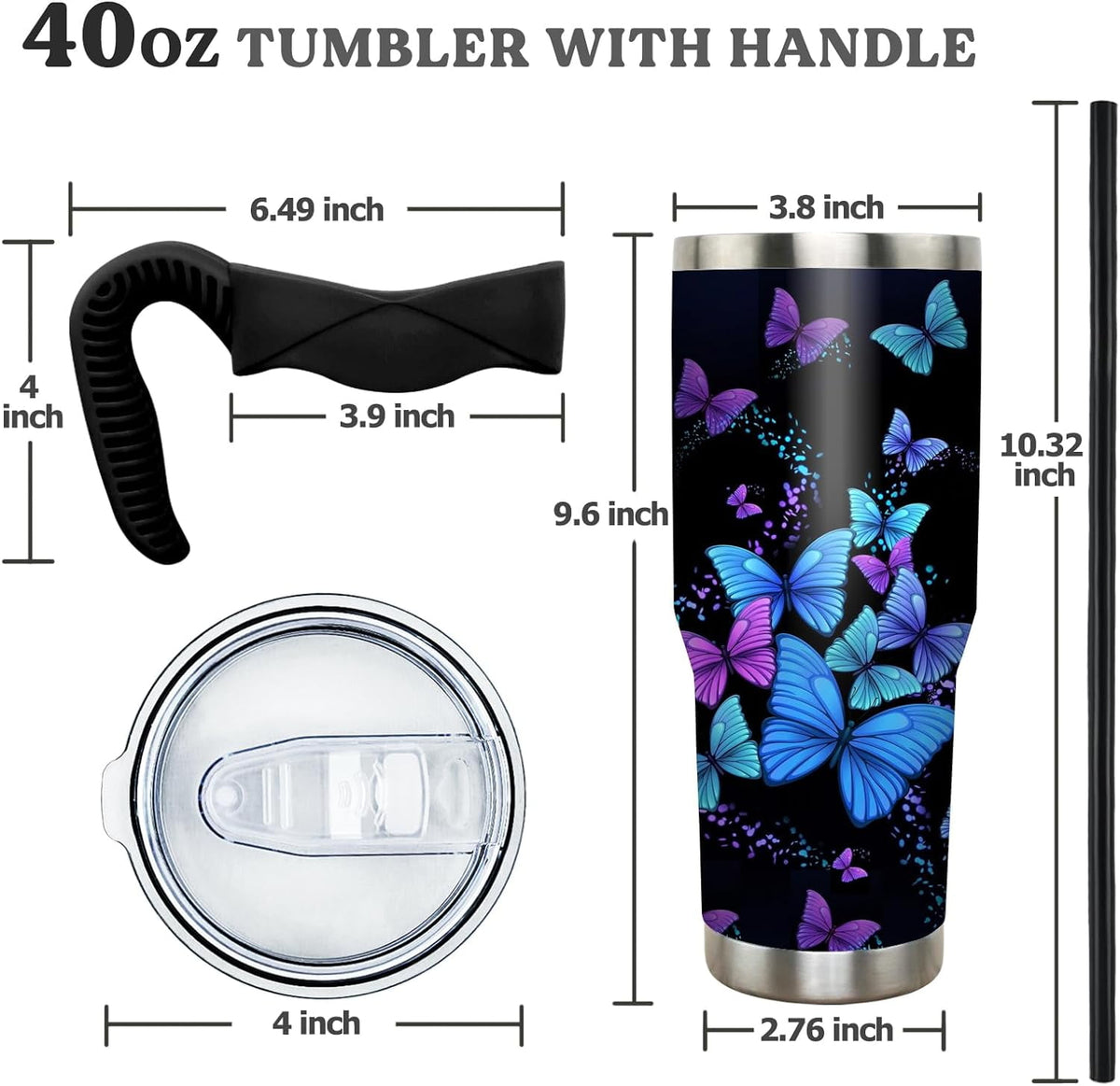 40 oz Tumbler with Handle and Straw 40oz Blue Purple Butterfly Cup Insulated Coffee Travel Mug Spill Proof Leak Proof 40 ounc