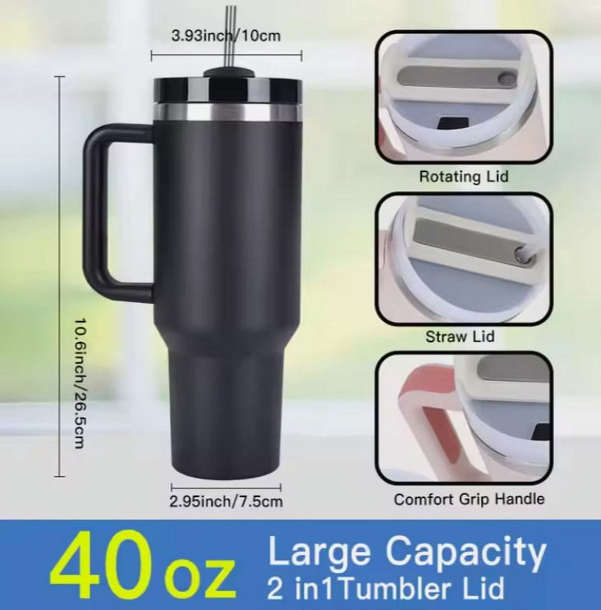 40oz Stainless Steel Tumbler with Lid & Straw – Insulated Travel Mug for Hot & Cold Drinks, Durable, Leak-Proof, Perfect for 