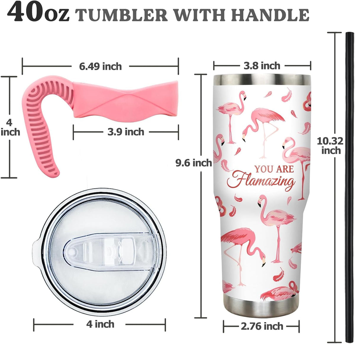 40 oz Tumbler with Handle and Straw 40oz Pink Flamingo Cup Insulated Coffee Travel Mug Spill Proof Leak Proof 40 ounce Stainl