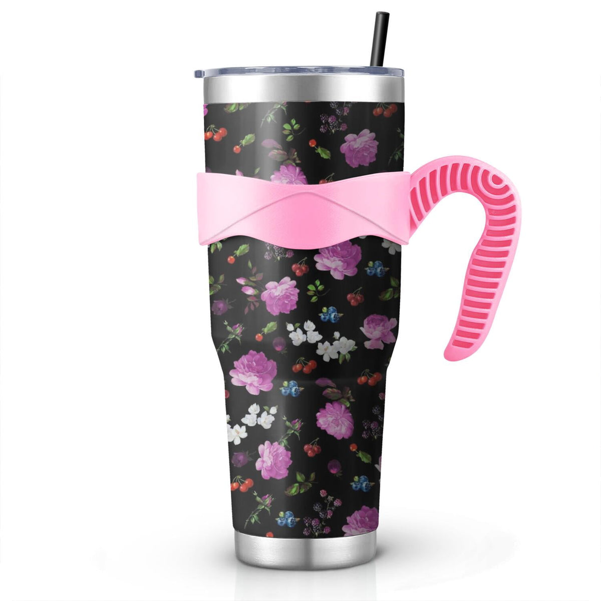 40 Oz Pioneer Tumbler with Handle and Silicone Straws,Colorful Floral Double Wall Vacuum Insulated Stainless Steel Travel Mug