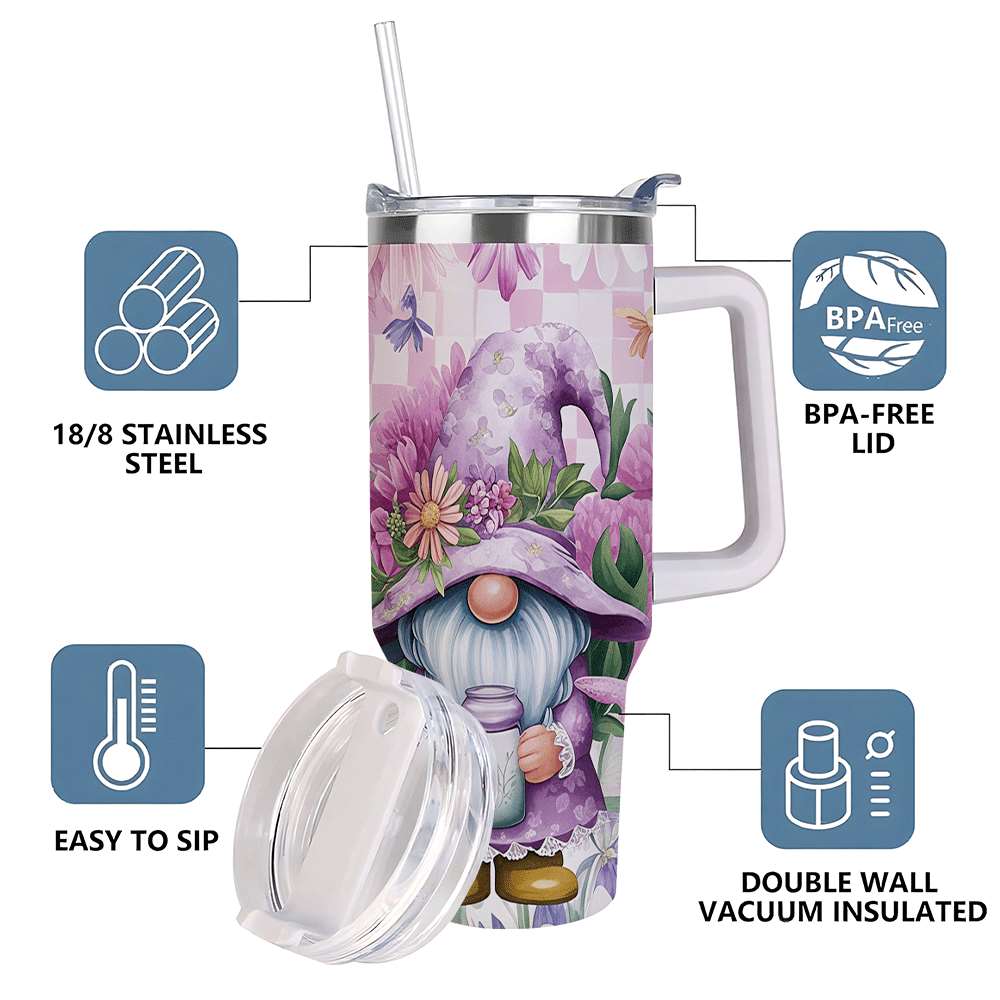 Purple Floral Gnome Stainless Steel Tumbler with Handle and Straw, Insulated Travel Mug for Women, Cute Spring Flower Cup Gif