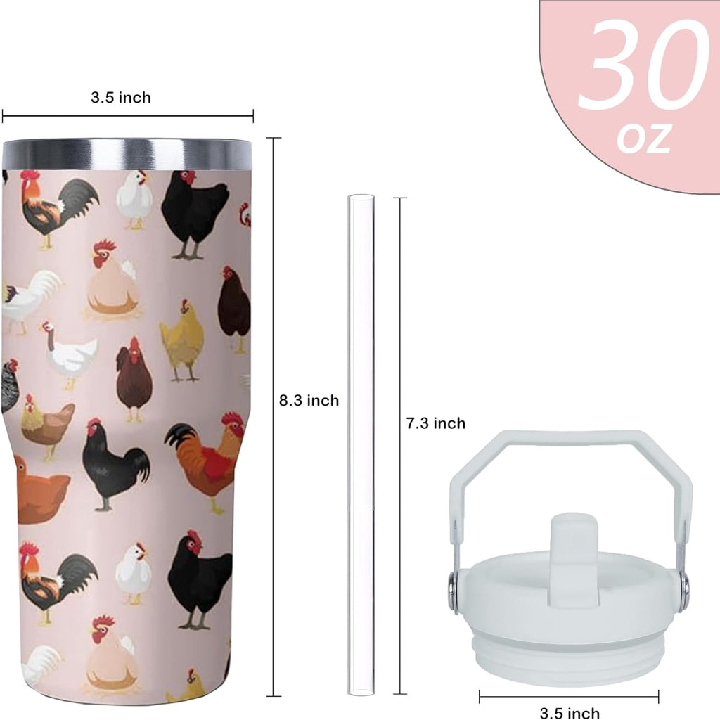 30 oz Chicken Tumbler with Handle and Flip Straw, Stainless Steel Double Insulated Cup with Lid and Straw, Travel Coffee Mug 