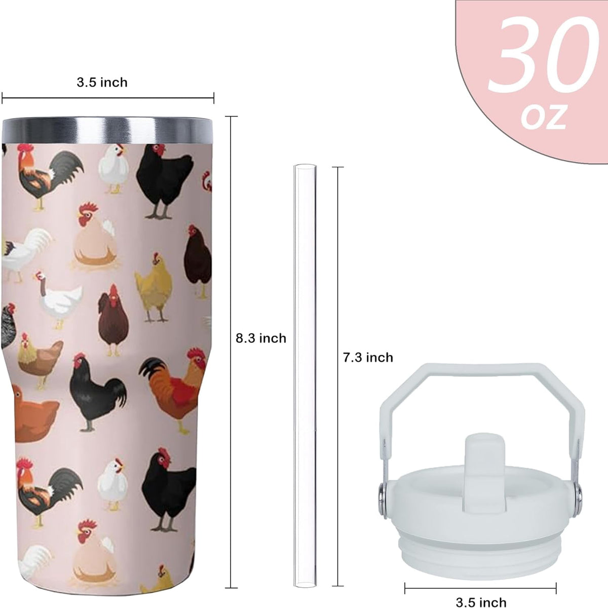 30 oz Chicken Tumbler with Handle and Flip Straw, Stainless Steel Double Insulated Cup with Lid and Straw, Travel Coffee Mug 