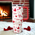 Love Tumbler 40 Oz Valentine Heart Tumbler With Handle,Valentine''s Day Coffee Travel Mug Cup Water Bottle,Heart Decor,Valent