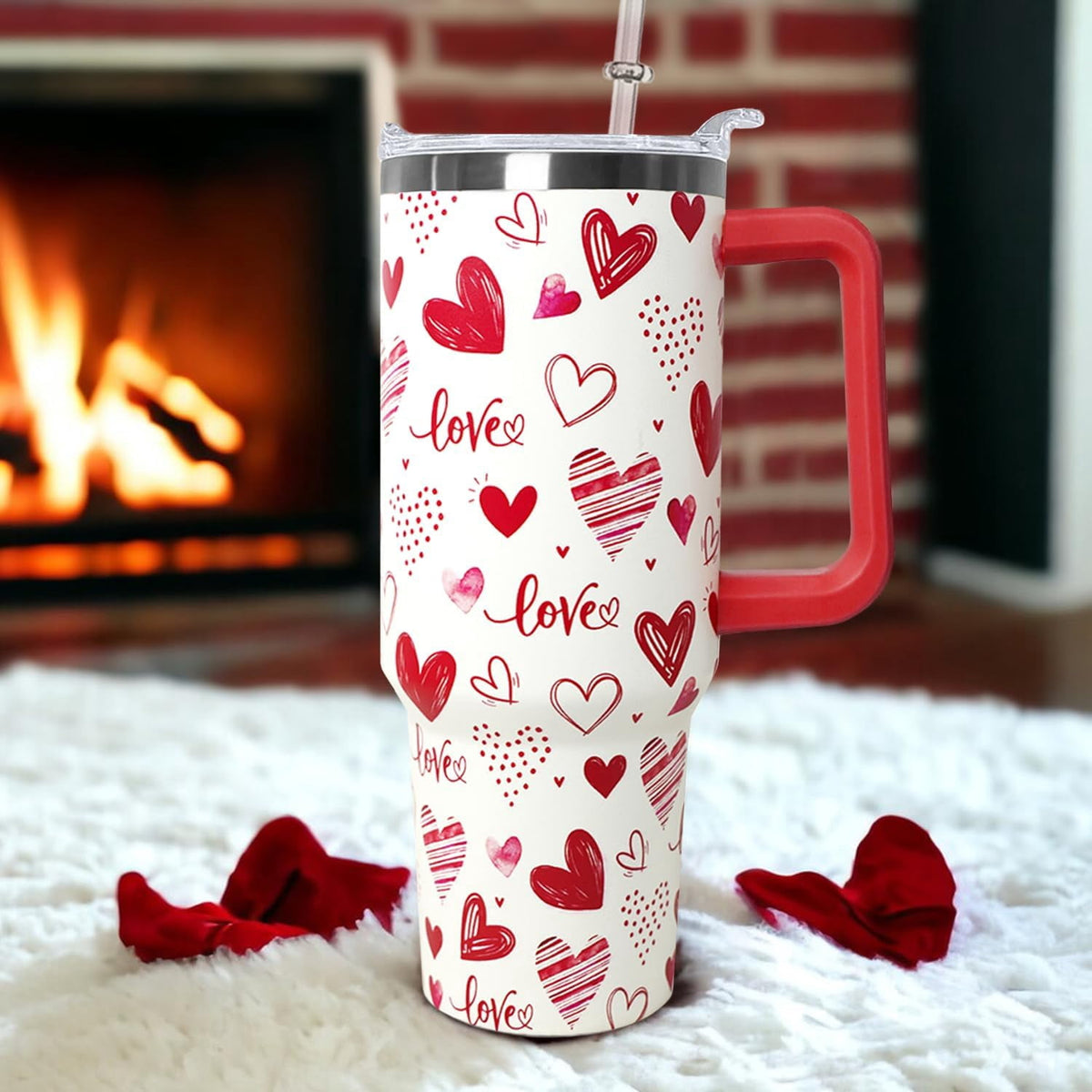 Love Tumbler 40 Oz Valentine Heart Tumbler With Handle,Valentine''s Day Coffee Travel Mug Cup Water Bottle,Heart Decor,Valent