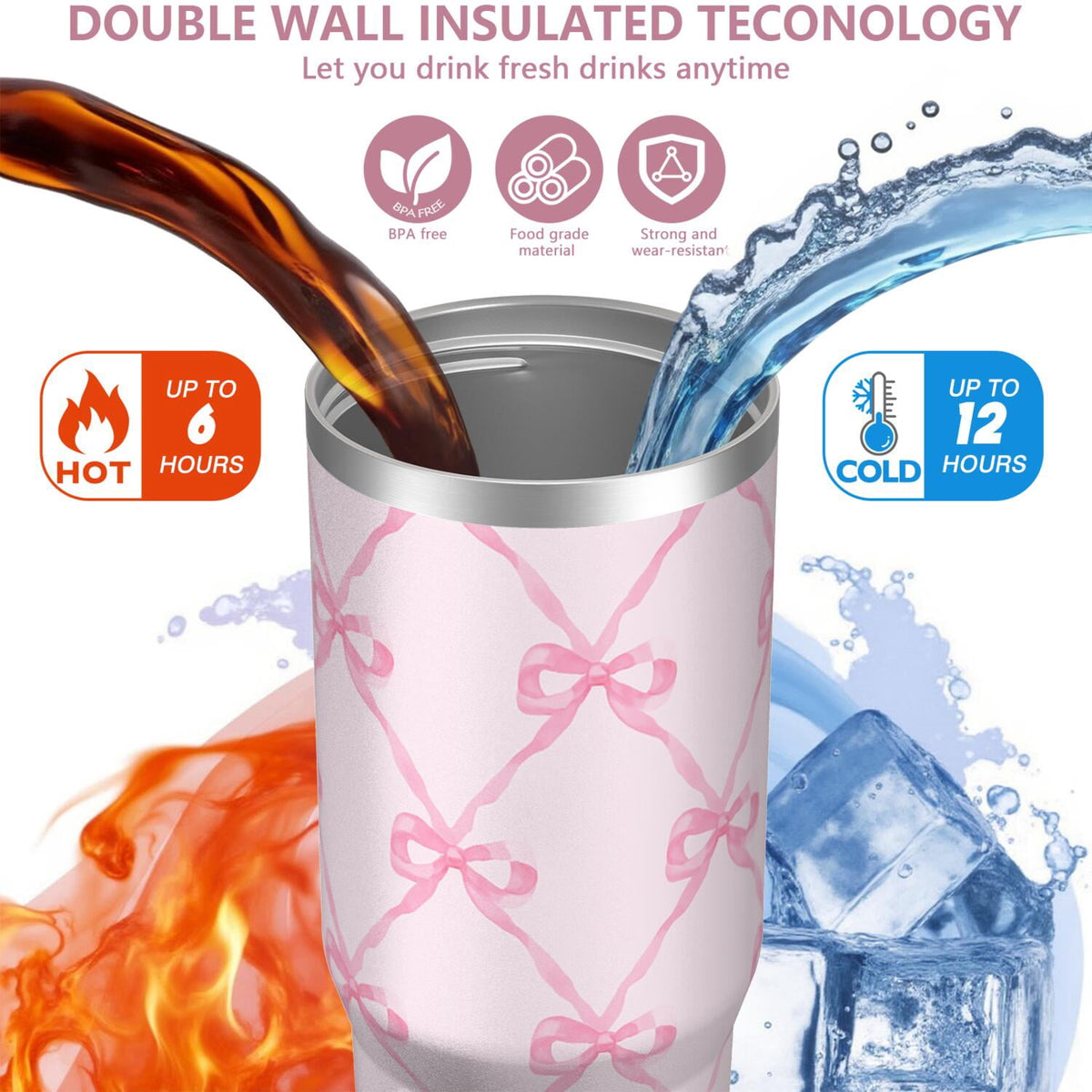 1pc Bow 30oz Tumbler with Straw & Handle - Insulated Stainless Steel Cup | Holiday Gift for Man Women (Christmas, Valentine's