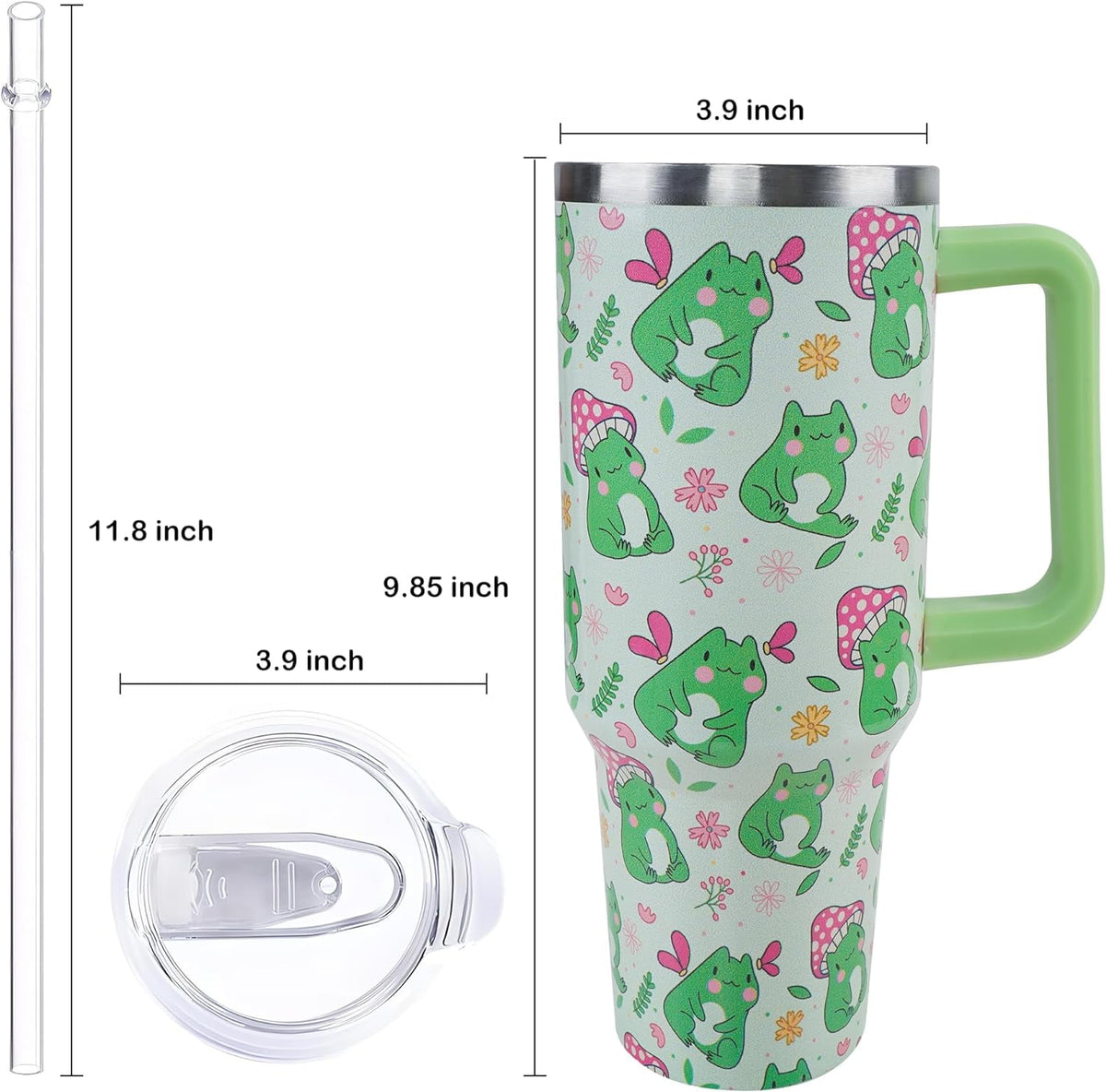 40 oz Frog Mushroom Tumbler with Handle and Straw, Travel Mug Water Bottle, Stainless Steel Insulated Cup with Lid and Straw,