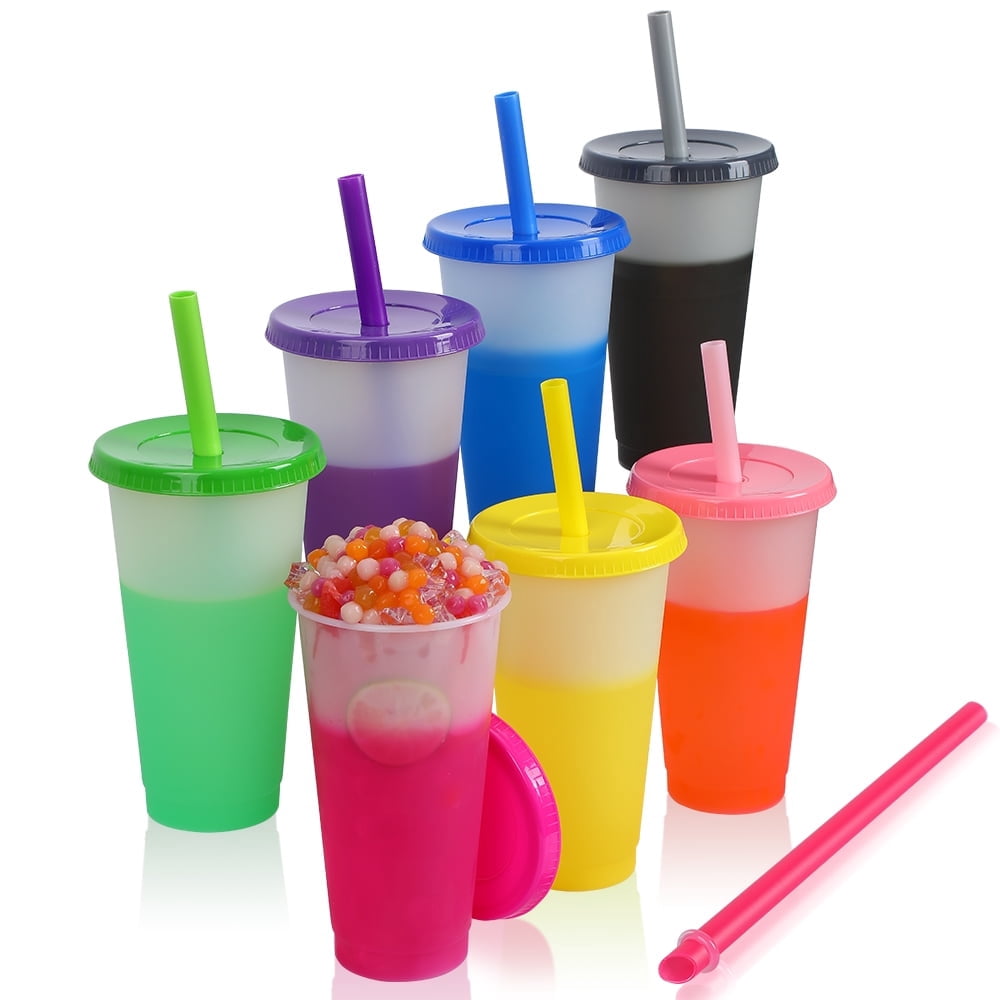 7 Pcs Plastic Tumblers Bulk with Lids | Straws for Adults Kids 24 oz Reusable Boba Drinking Cups Reusable Ice Cold Color Chan