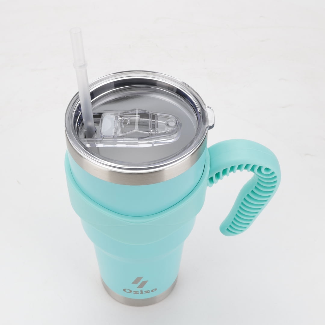 Ozizo 30oz Cup with Handle - 30 Ounce Tumbler with Handle - Tumbler with Straw 30 oz - Insulated Hot and Cold - Cyan Blue Ins