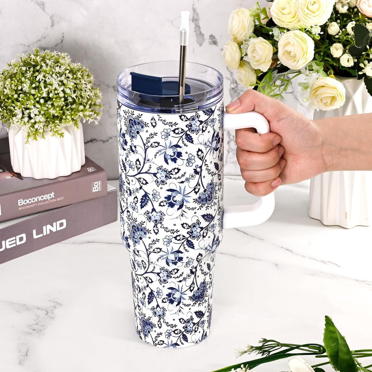 40oz Tumbler with Handle, Stainless Steel Insulated Travel Tumbler with Lid and Straw, Double Wall Vacuum Insulated Tumbler M