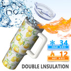 40oz Lemon Tumbler Lemon Theme 40 oz Tumbler with Handle & Straw Spill Proof Lid Double Insulated Mug Gifts for Lemon Men Wom
