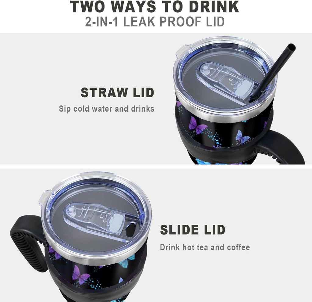 40 oz Tumbler with Handle and Straw 40oz Blue Purple Butterfly Cup Insulated Coffee Travel Mug Spill Proof Leak Proof 40 ounc
