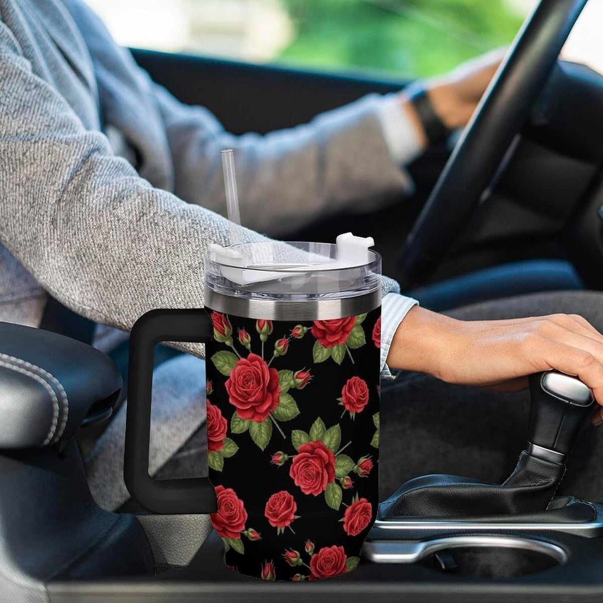 40 oz Insulated Floral Flowers Red Rose Coffee Tumbler with Portable Handle, Stainless Steel Vacuum Travel Mug for Unisex Hom