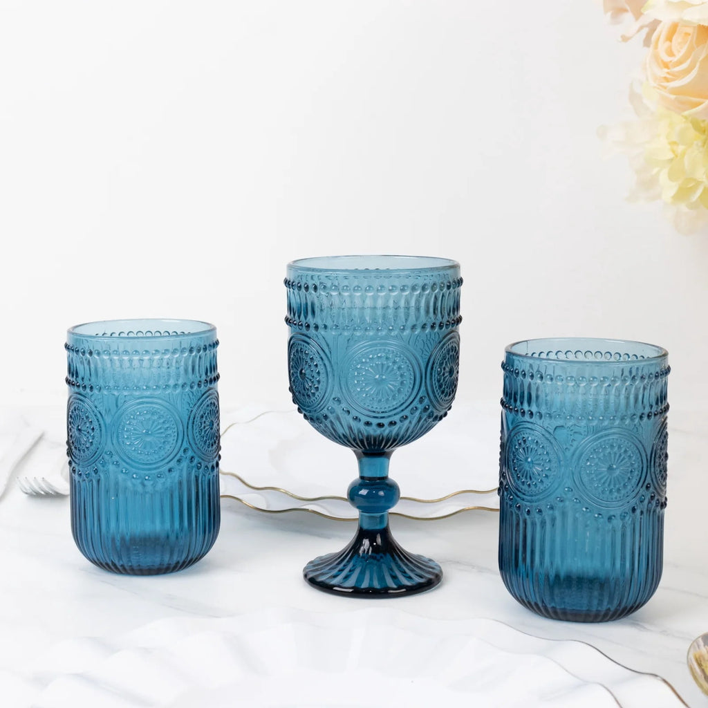 BalsaCircle 6 Ocean Blue 14 oz Round Glass Tumblers with Vintage Floral Embossed Pattern Party Tableware Wedding Events Decor