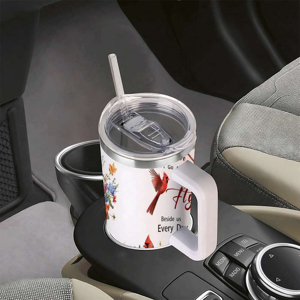 Cardinal Bird Floral Insulated Tumbler with Lid and Straw, Stainless Steel Travel Mug with Handle, Wildflower Spring Art Desi