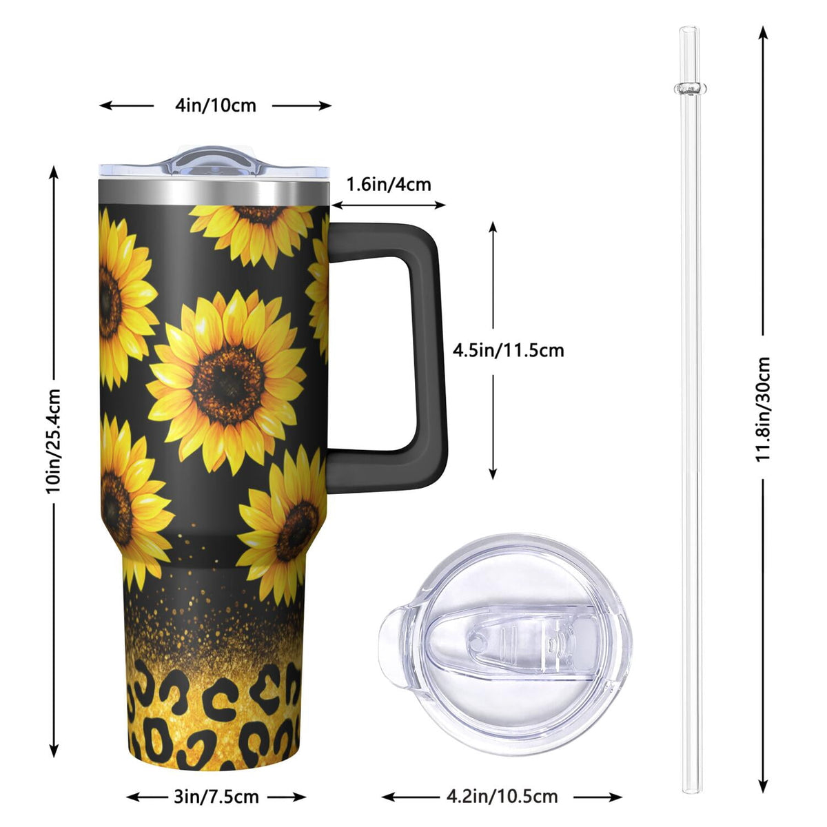 1pc Sunflower 40oz Tumbler with Straw & Handle - Insulated Stainless Steel Cup | Holiday Gift for Man Women (Christmas, Valen