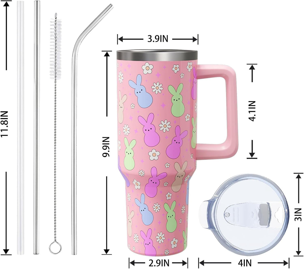 Easter Day Gifts 40oz Tumbler with Handle and Straw, Cute Bunnies Buddies Spring Stainless Steel Insulated Cup, Colorful Holi