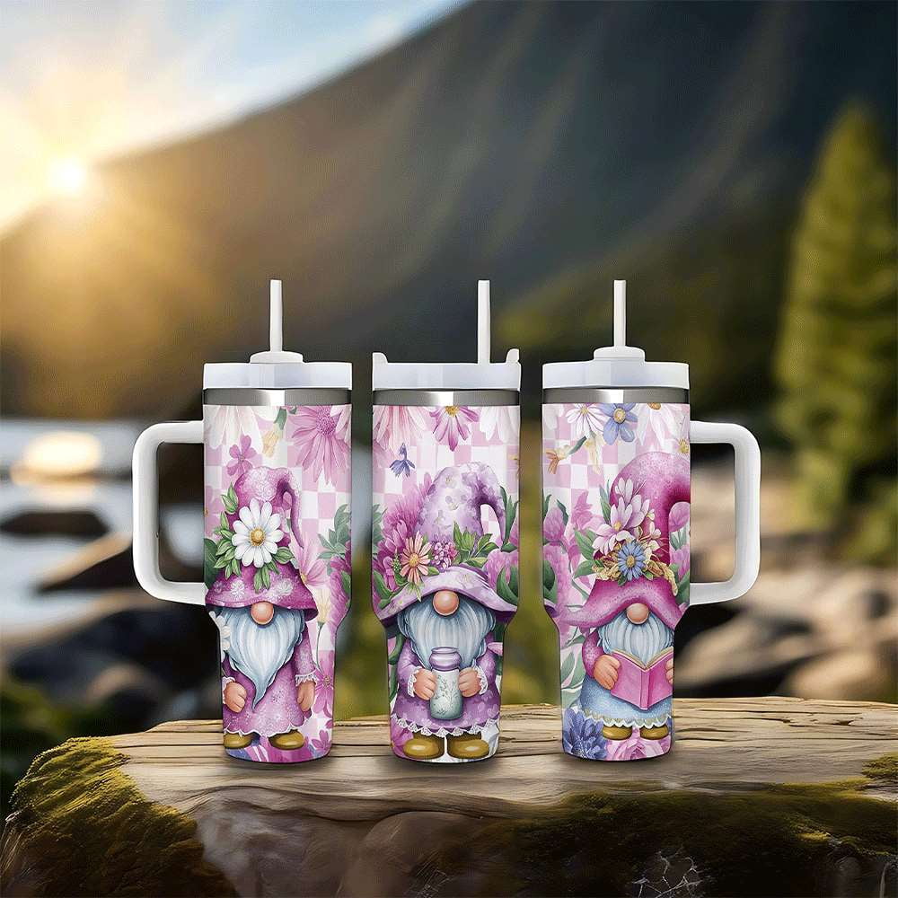 Purple Floral Gnome Stainless Steel Tumbler with Handle and Straw, Insulated Travel Mug for Women, Cute Spring Flower Cup Gif