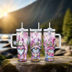 Purple Floral Gnome Stainless Steel Tumbler with Handle and Straw, Insulated Travel Mug for Women, Cute Spring Flower Cup Gif