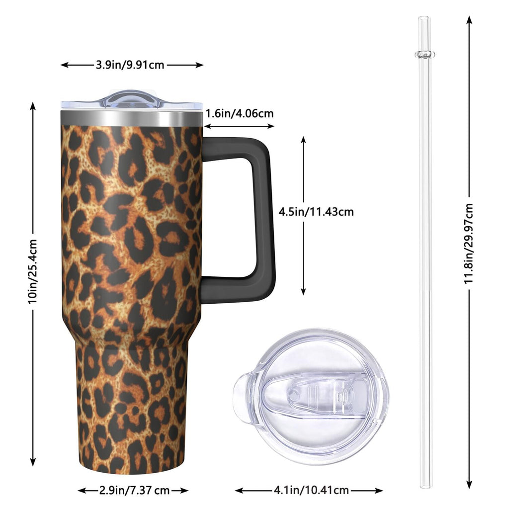 Leopard Print 40oz Tumbler with Handle and Straw, Large Capacity Travel Cup for Hot & Cold Drinks, Double Walled Vacuum Insul