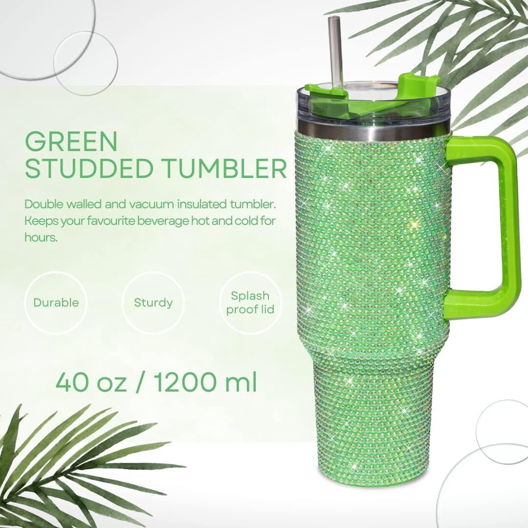 STP GOODS Stainless Steel Rhinestone Insulated Tumbler with Handle Lid and Straw 40 fl oz (1200 ml) Double-Wall Travel Mug, L