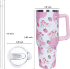40 oz Cute Strawberry Cow Tumbler with Handle and Straw, Stainless Steel Insulated Cup with Lid and Straw, Travel Mug Water B