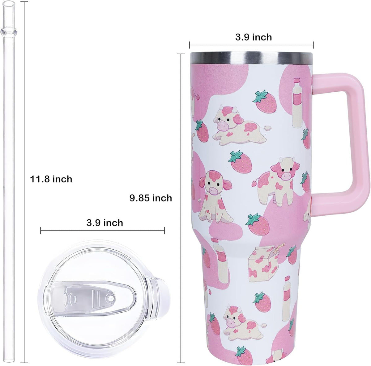 40 oz Cute Strawberry Cow Tumbler with Handle and Straw, Stainless Steel Insulated Cup with Lid and Straw, Travel Mug Water B