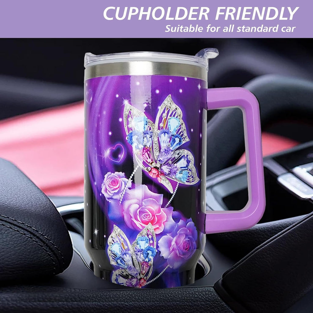 40 oz Tumbler with Handle and Straw Lid, Purple Butterfly Insulated Cup, Double Vacuum Leak Proof Coffee Travel Mug, Flower S