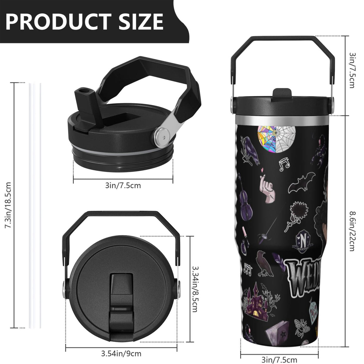 30oz Wednesday Girl Stainless Steel Tumbler with Lid and Straw,Wednesday Stuff Merchandise Spill Proof Travel Cup Double Wall
