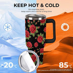 40 oz Insulated Floral Flowers Red Rose Coffee Tumbler with Portable Handle, Stainless Steel Vacuum Travel Mug for Unisex Hom
