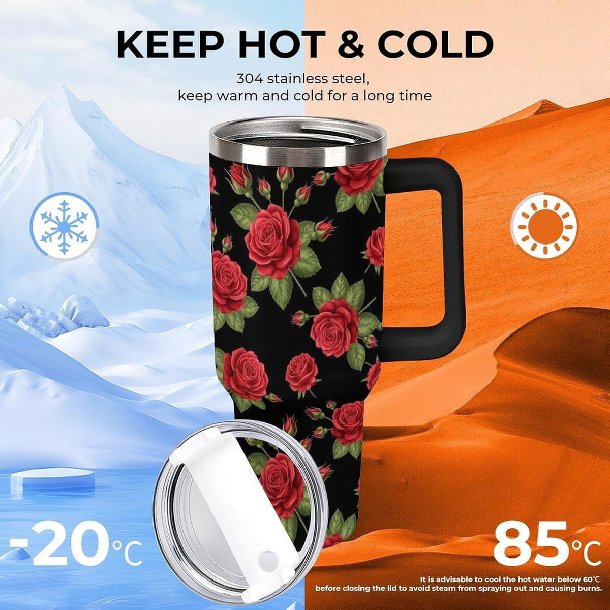 40 oz Insulated Floral Flowers Red Rose Coffee Tumbler with Portable Handle, Stainless Steel Vacuum Travel Mug for Unisex Hom
