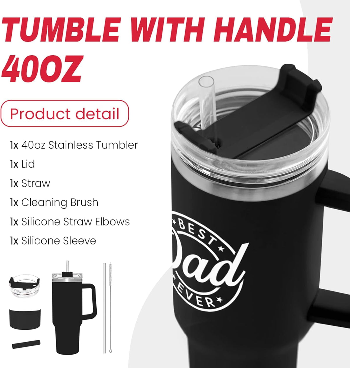 Best Dad Ever Tumbler with Handle 40oz Stainless Steel Insulated - Dad Gifts for Dad from Daughter Son - Coffee Tumbler for D