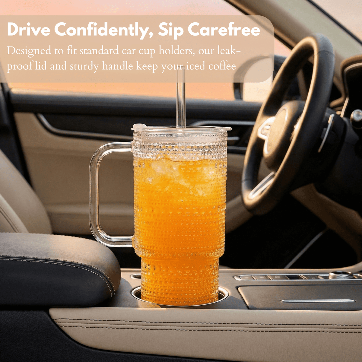 26oz Drinking Glasses with Handle & Lid – 2-Pack Large Iced Coffee Cups with Straws, Modern Glass Tumbler for Cold & Hot Beve