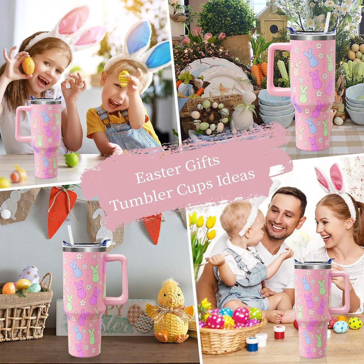 Easter Day Gifts 40oz Tumbler with Handle and Straw, Cute Bunnies Buddies Spring Stainless Steel Insulated Cup, Colorful Holi