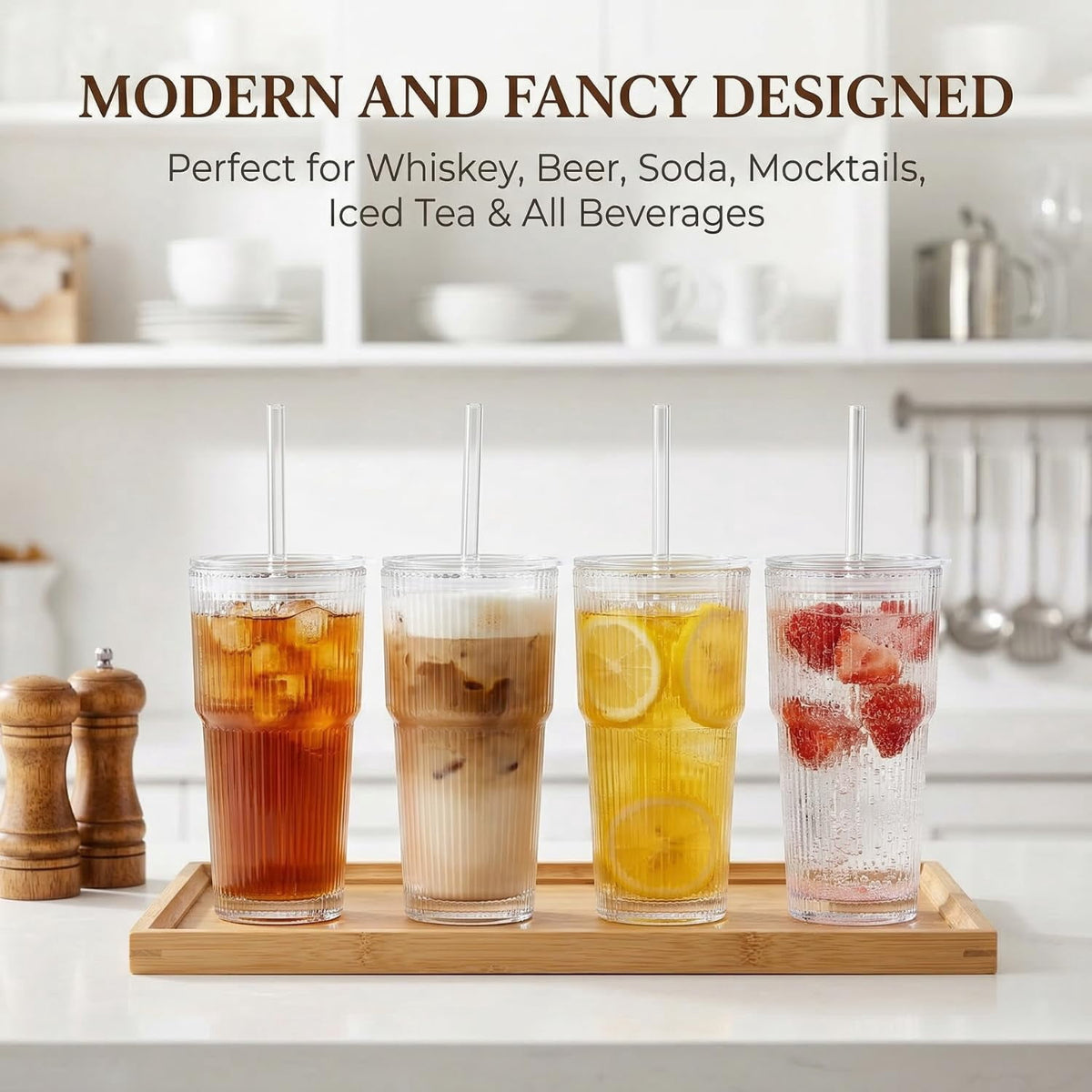 20 oz Clear Ribbed Glass Tumbler with Lid and Straw, Spill-proof Iced Coffee Cups, Hobnail Drinking Set of 4, Vintage Glasswa