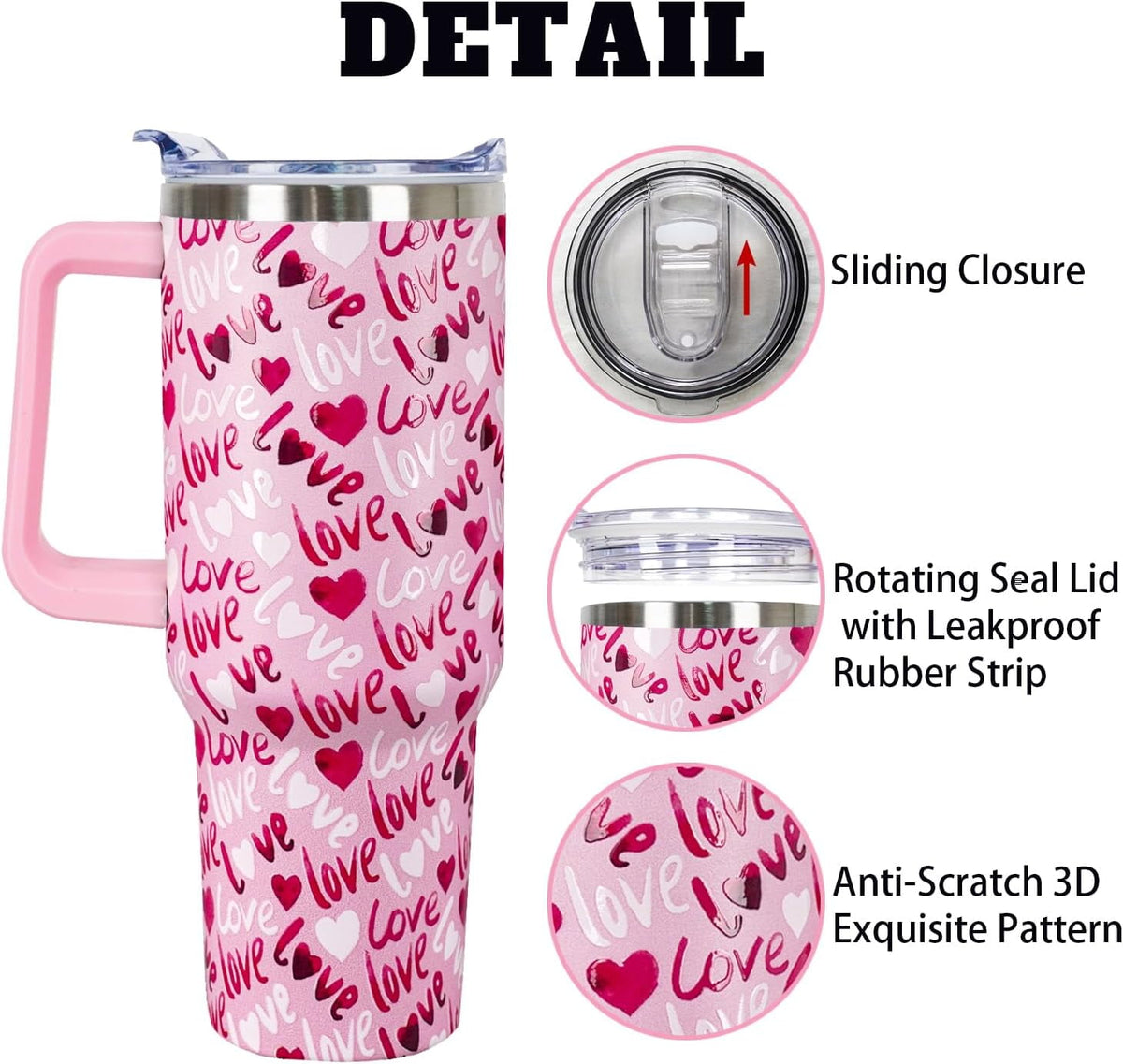 40 Oz Valentines Day Tumbler 3d-Printed Pink Love Tumbler Gifts for Couple Women Men Insulated Travel Cup with Handle Lid and