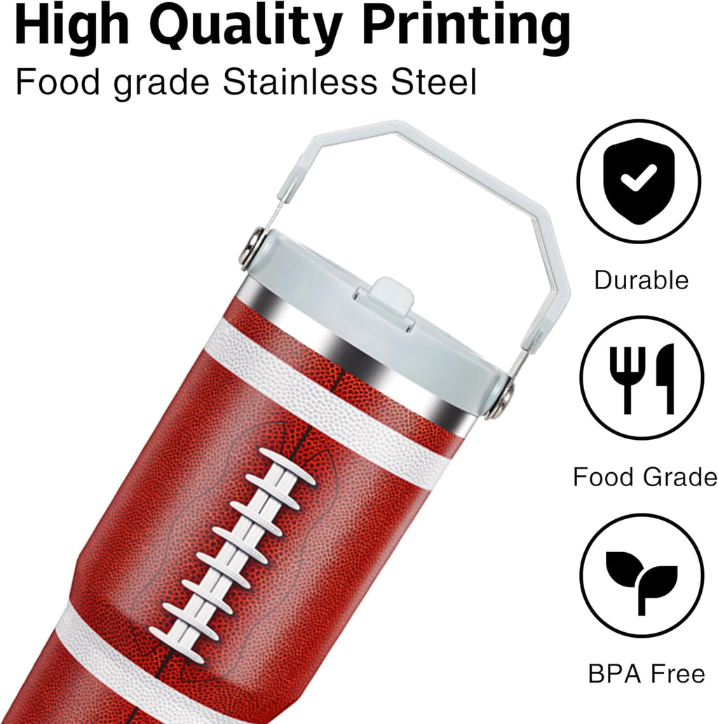 Football Lover Gift 30 oz Flip Straw Tumbler with Top Handle Football Pattern BPA-Free Leak Proof Stainless Steel Insulated V