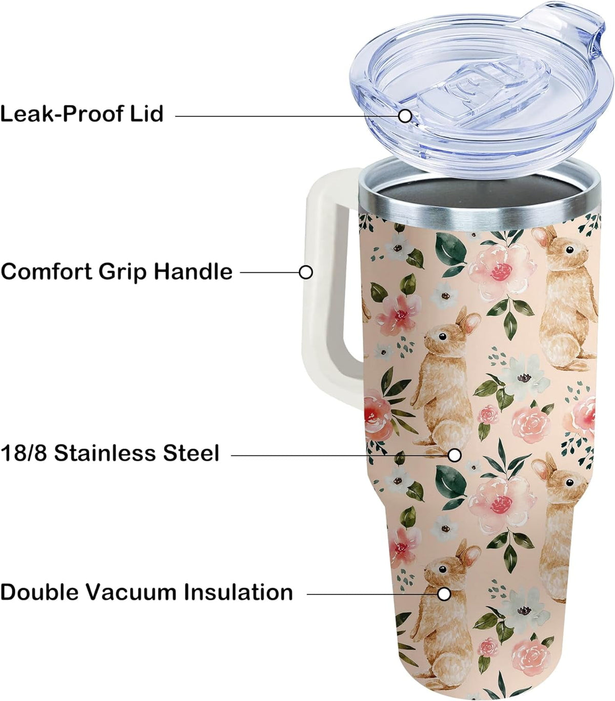 40oz Easter Bunny Tumbler with Handle and Straw, Rabbit Stainless Steel Travel Mug Water Bottle, Vacuum Insulated Cup, Gifts 