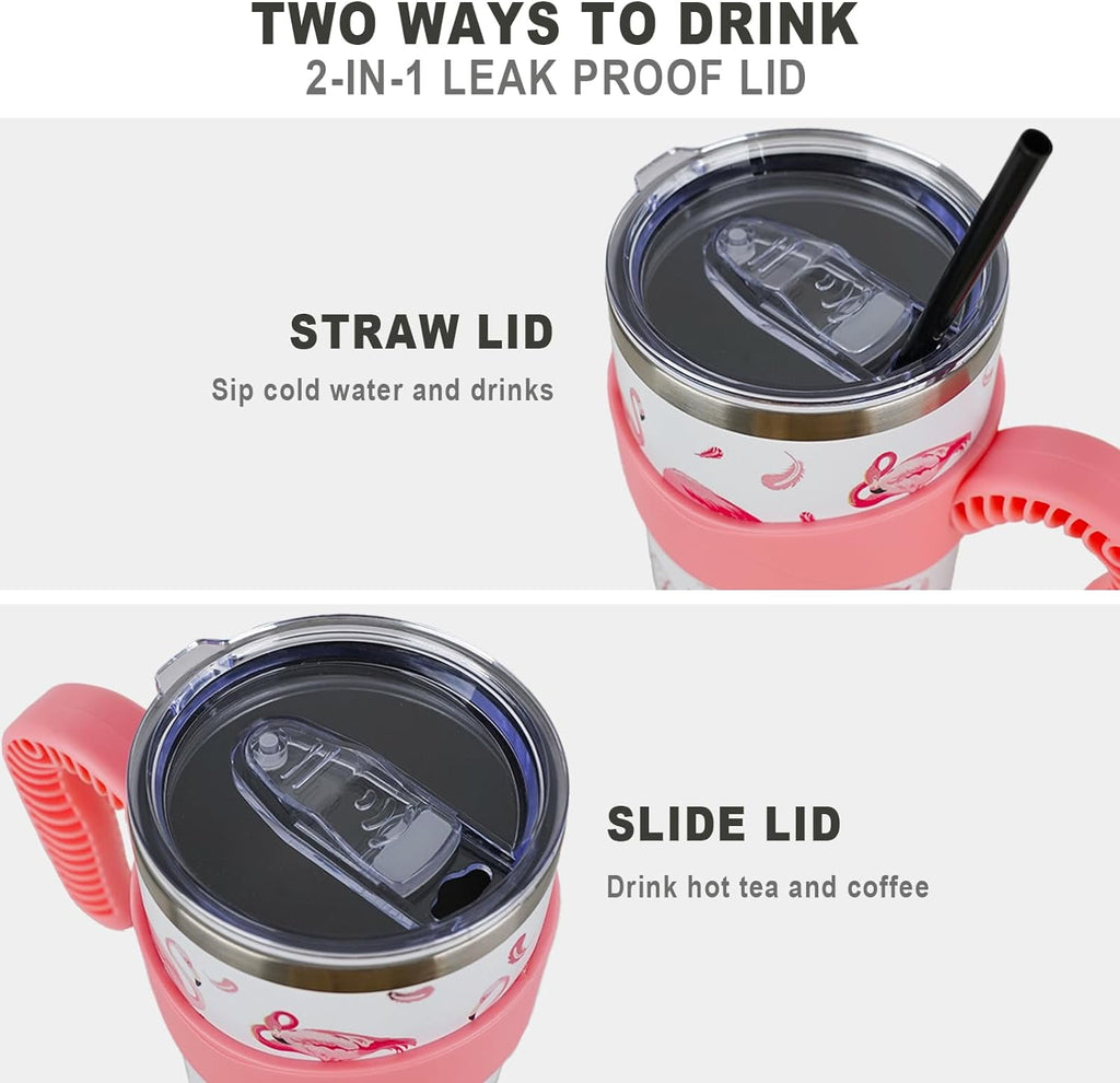 40 oz Tumbler with Handle and Straw 40oz Pink Flamingo Cup Insulated Coffee Travel Mug Spill Proof Leak Proof 40 ounce Stainl