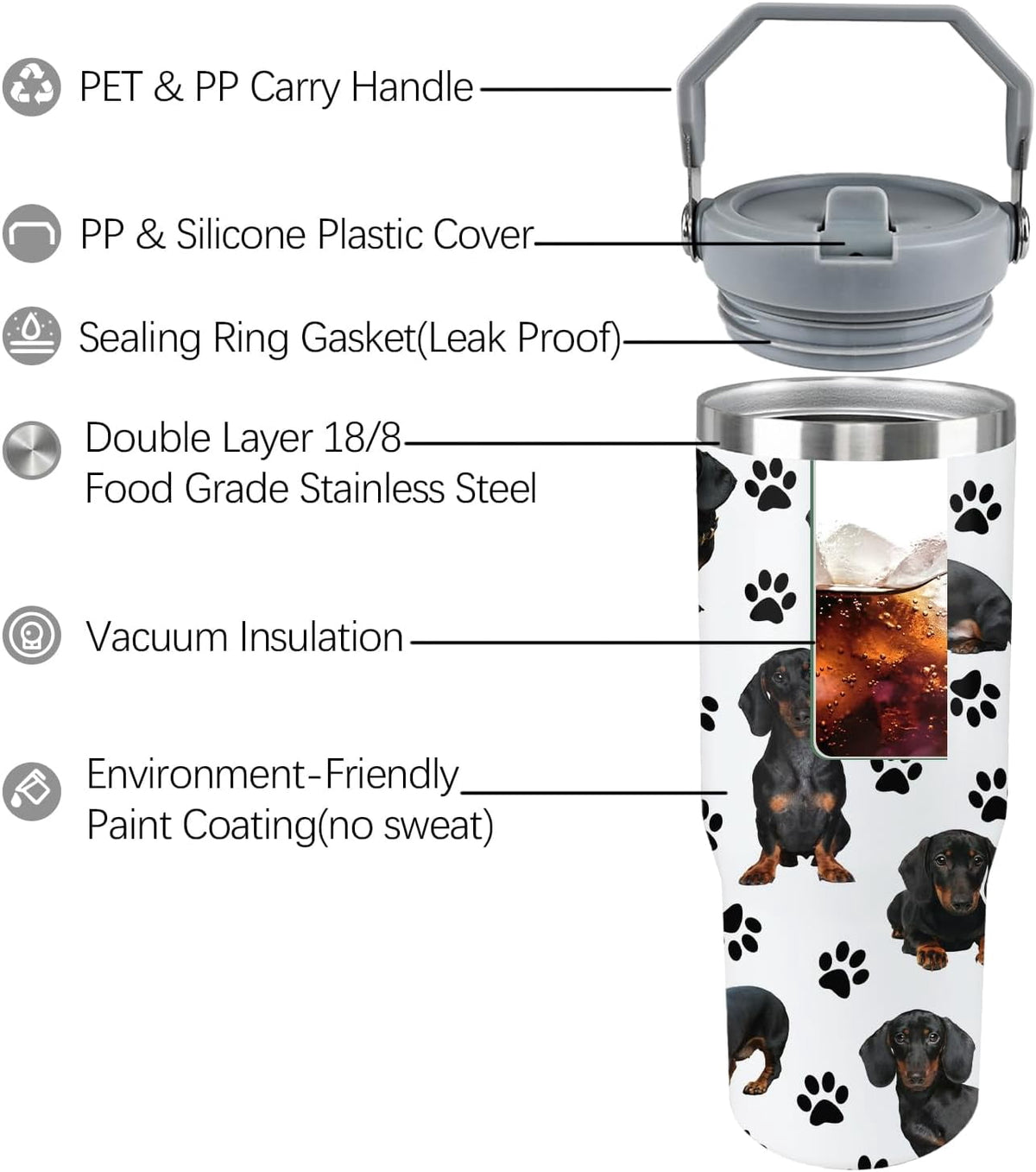 Dachshund Dog Tumbler with Lid and Straw 30 Oz Weenie Dog Tumbler Insulated Weiner Dog Water Bottle Cup with Handle Weiner Do