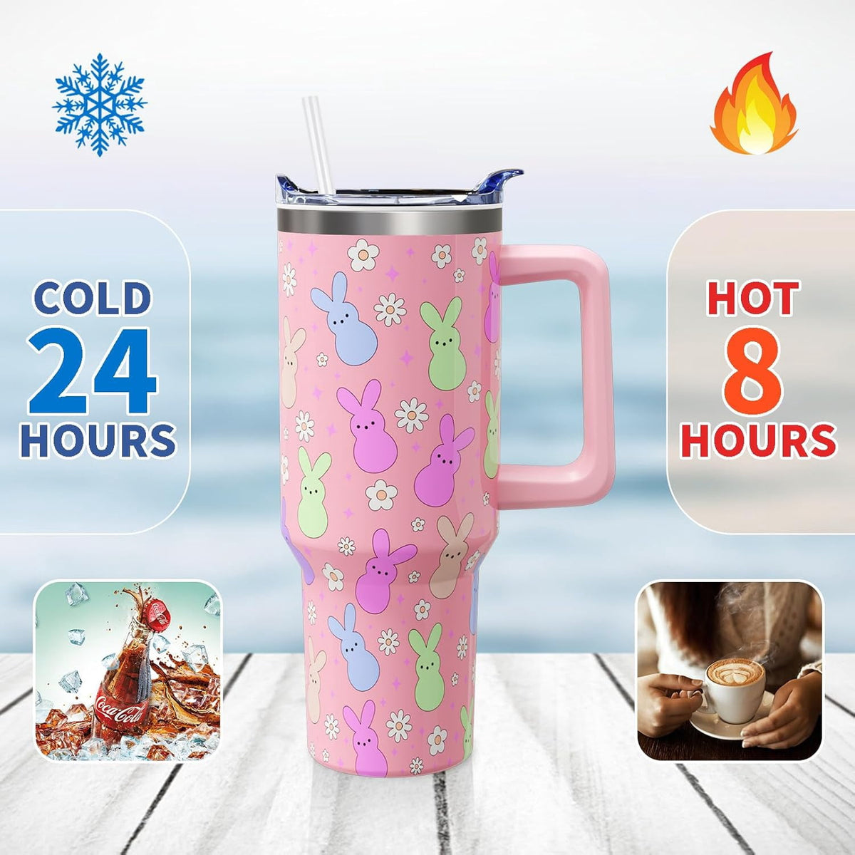 Easter Day Gifts 40oz Tumbler with Handle and Straw, Cute Bunnies Buddies Spring Stainless Steel Insulated Cup, Colorful Holi