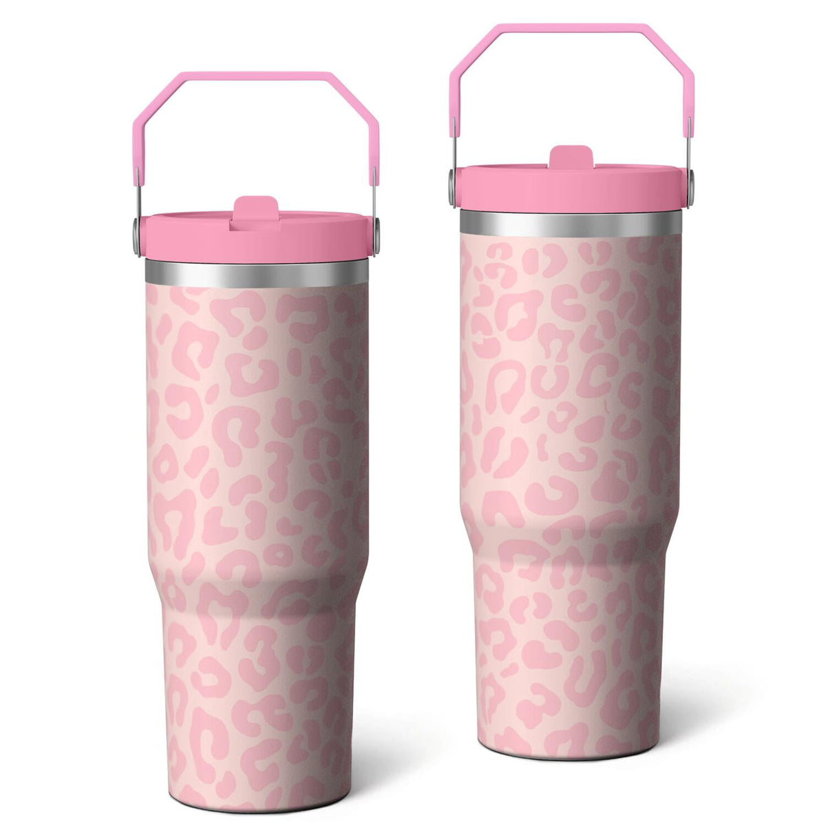 1pc Pink Leopard Print 30oz Tumbler with Straw & Handle - Insulated Stainless Steel Cup | Holiday Gift for Man Women (Christm