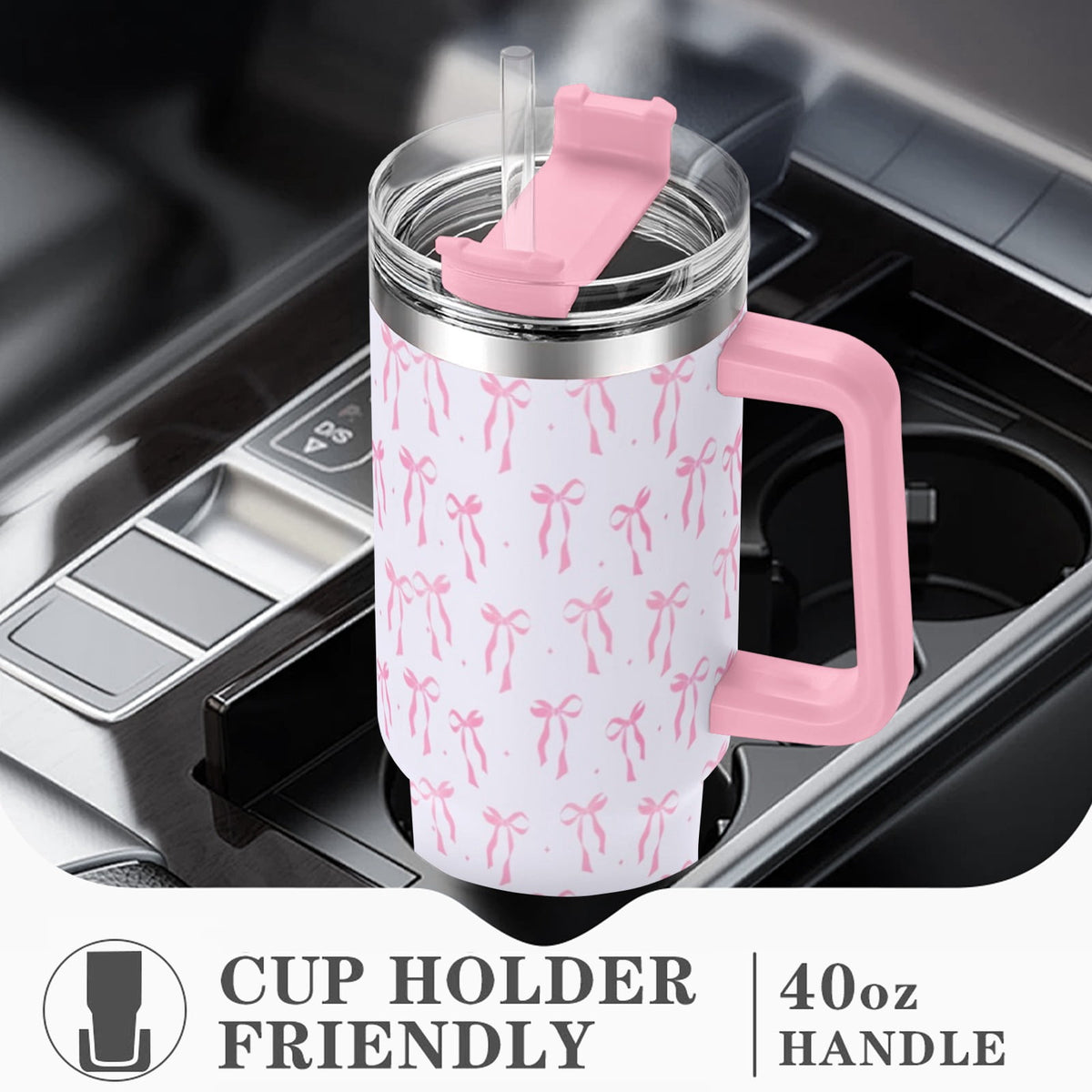 40oz Elegant Pink Bow Tumbler - Insulated Travel Mug with Handle, Reusable Straw & Leak-Proof Lid|Women's Gift for Birthday, 